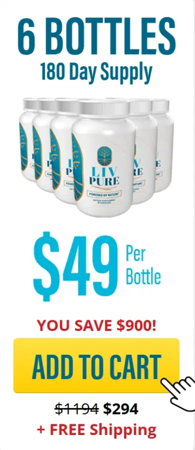 Liv Pure 6-bottle package priced at $49 per bottle for a 180-day supply with free shipping.