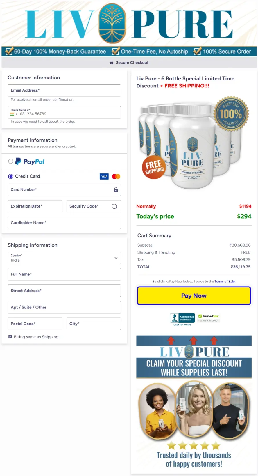Liv Pure secure checkout information displayed during the purchase process.